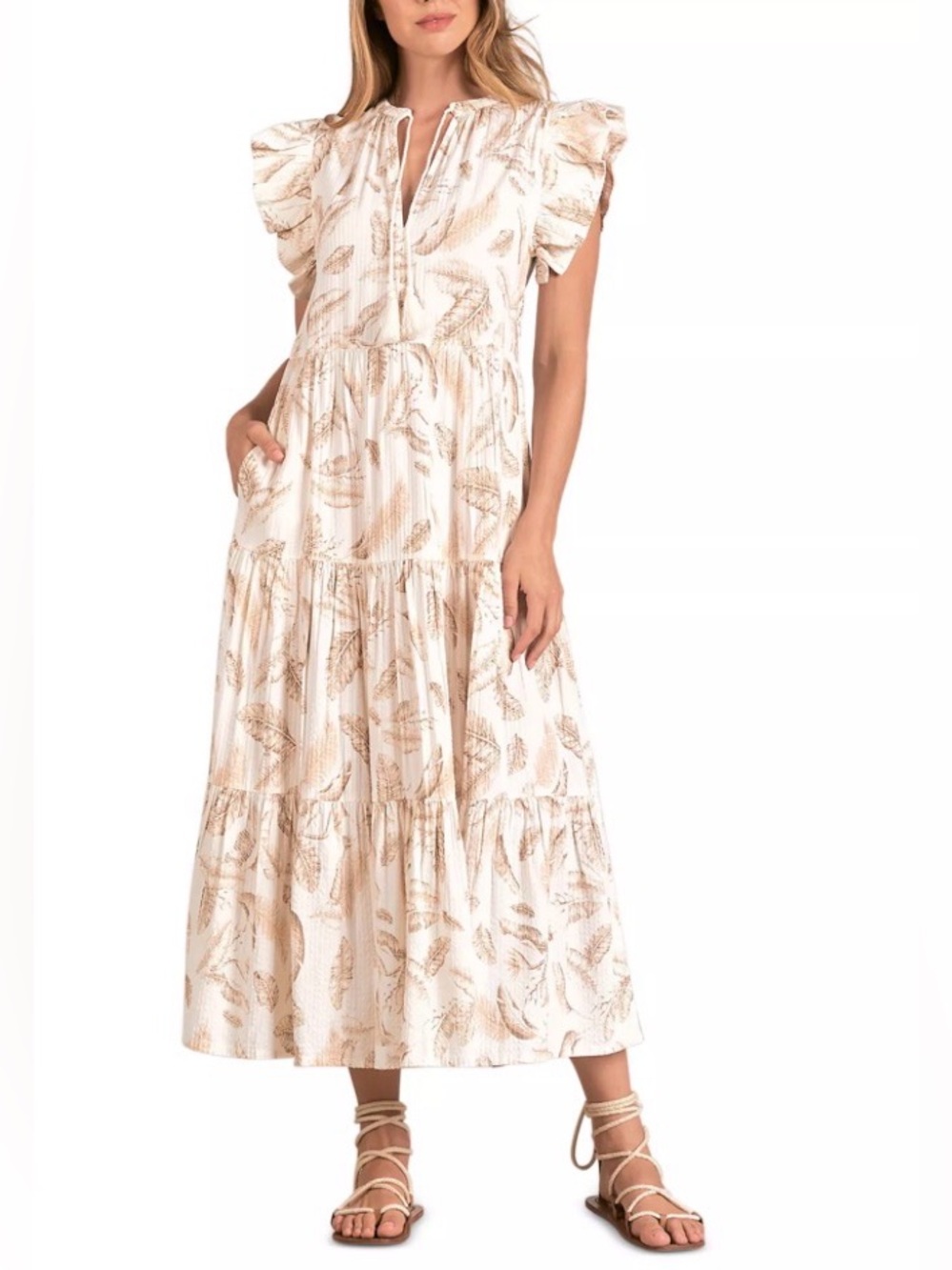 Elan Cream Maxi Dress with Tan Feather Print size medium